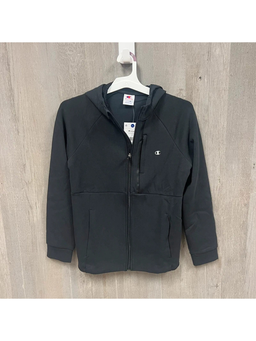 Champion Boys' Black Full-Zip Hoodie with Chest Logo and Pockets, Size L (14/16)